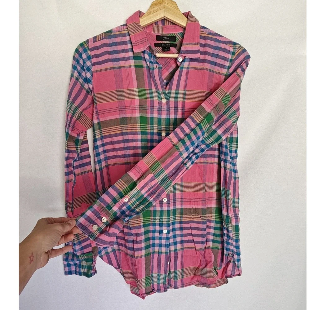 J Crew Classic Fit Boy Shirt Crinkle Pink Blue‎ Plaid Button Front L3218 4 - Picture 4 of 7
